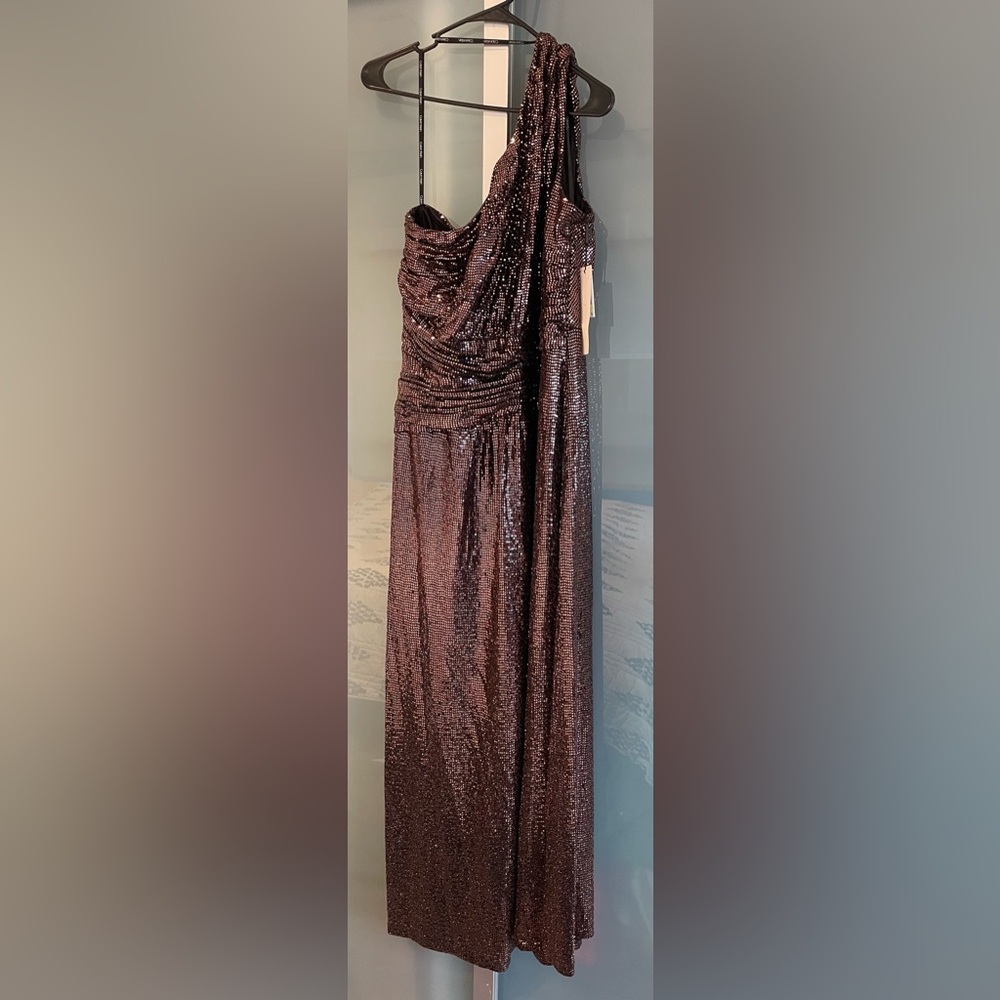 Calvin Klein Copper Sequin Ruched Asymmetrical Gown